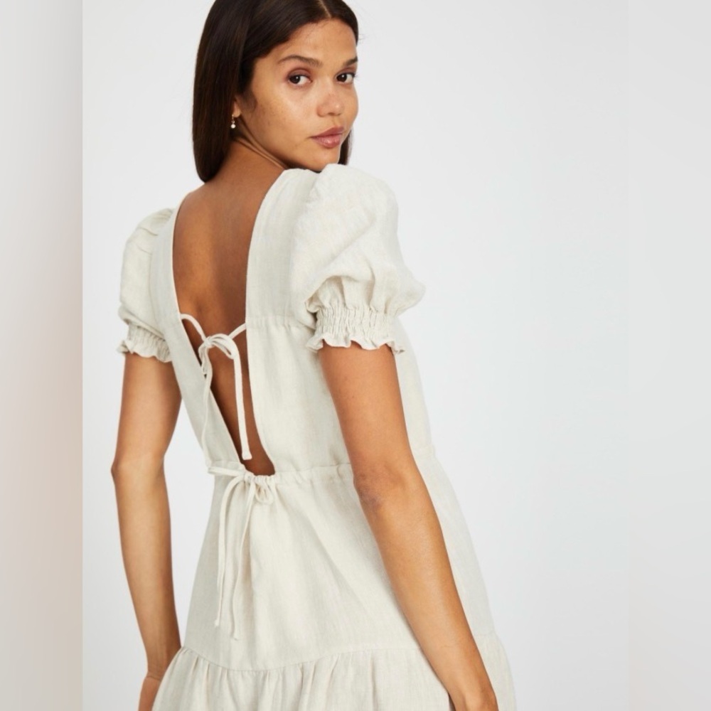 AERE Double Tie Back Short Sleeve Tier 100% Linen White Midi Dress Size 8 - Picture 4 of 11